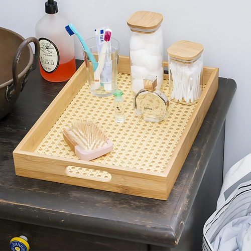 Bandeja Bambu Retangular Com Palhinha 48cm Grande Decoração