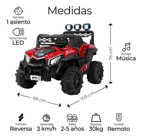 Buggy Electrico Montable Para Niños Color Rojo, Carrito De Control Remoto Y Manejo Directo, Con Luces, Estereo Y Pedales Funcionales, Medidas: Alto 76cm X Ancho 68cm X Largo 109cm