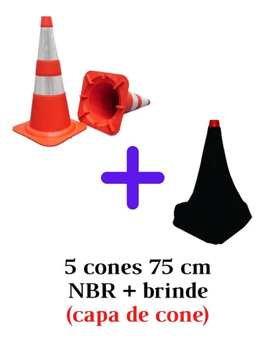 Kit 5 Cone Flexível 75cm Lar. Com Refletivo Norma Nbr 15 071