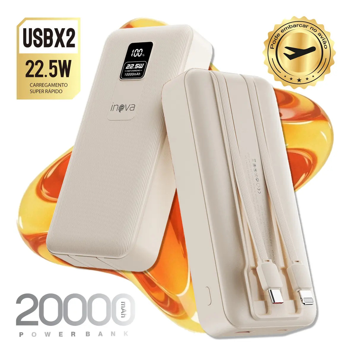 Inova Power Bank 20000mAh Carregador Portátil 22.5w Turbo Rápida Com Cabos LED Display Universal Para Celulares iPhone 17/16/15/14/13/12 Samsung Galaxy S24/S23/S22/S21/A55/A54 Moto