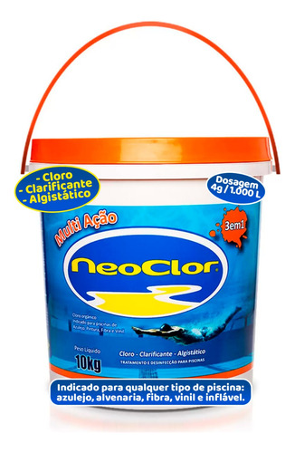 Neoclor Multiação 3 Em 1 Estabilizado Cloro Balde 10kg