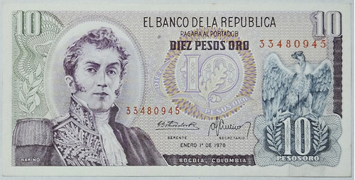 Billete 10 Pesos 01/ene/1978 Colombia Au