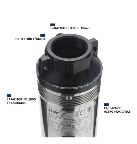 Imagen 6 de 10 de Bomba Sumergible Pozo 1,5 Hp 6500 L/h Napa 4 Pulgadas Cable