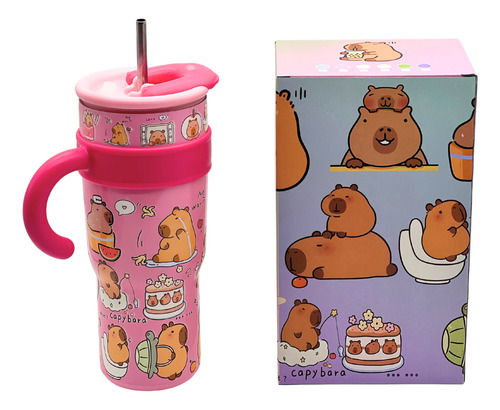 Vaso Termo Capybara 40 Onzas Acero Inoxidable Moda Niños Rosa Chicle