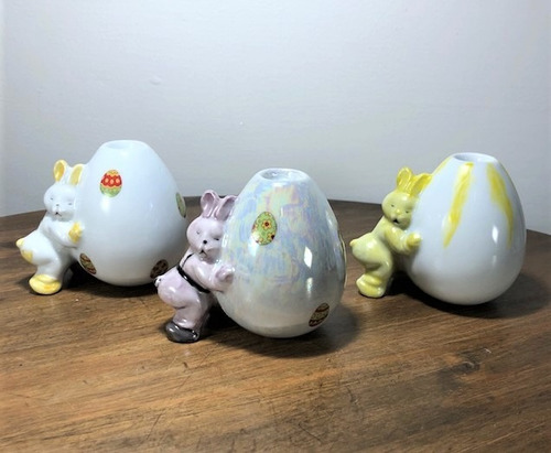 Imagem 1 de 9 de Kit 3 Coelhos Porta-vela Porcelana - Páscoa