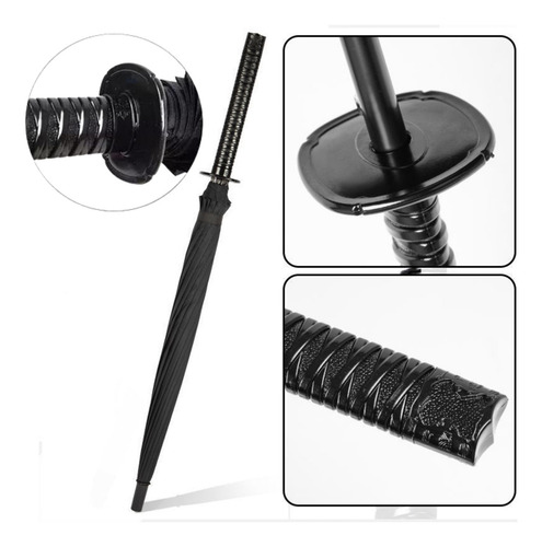 Sombrilla Katana Samurai Elegante Accesorio Sol Y Lluvia Color Negro Diseño de la tela Liso