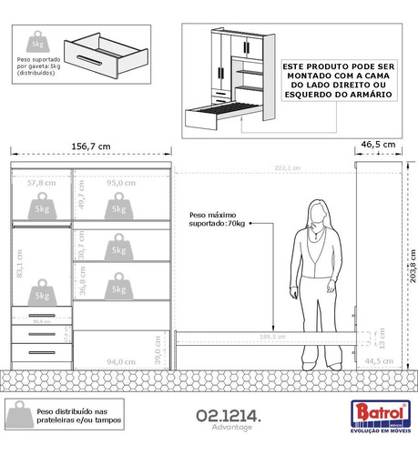 Guarda Roupa Solteiro + Cama Baú + Colchão D Espuma Av Ac Fg