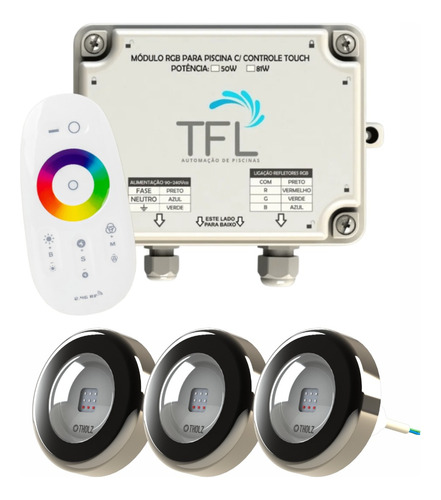 Kit Led Piscina - Contr Touch + 3 Leds Rgb 6w 10m Tholz