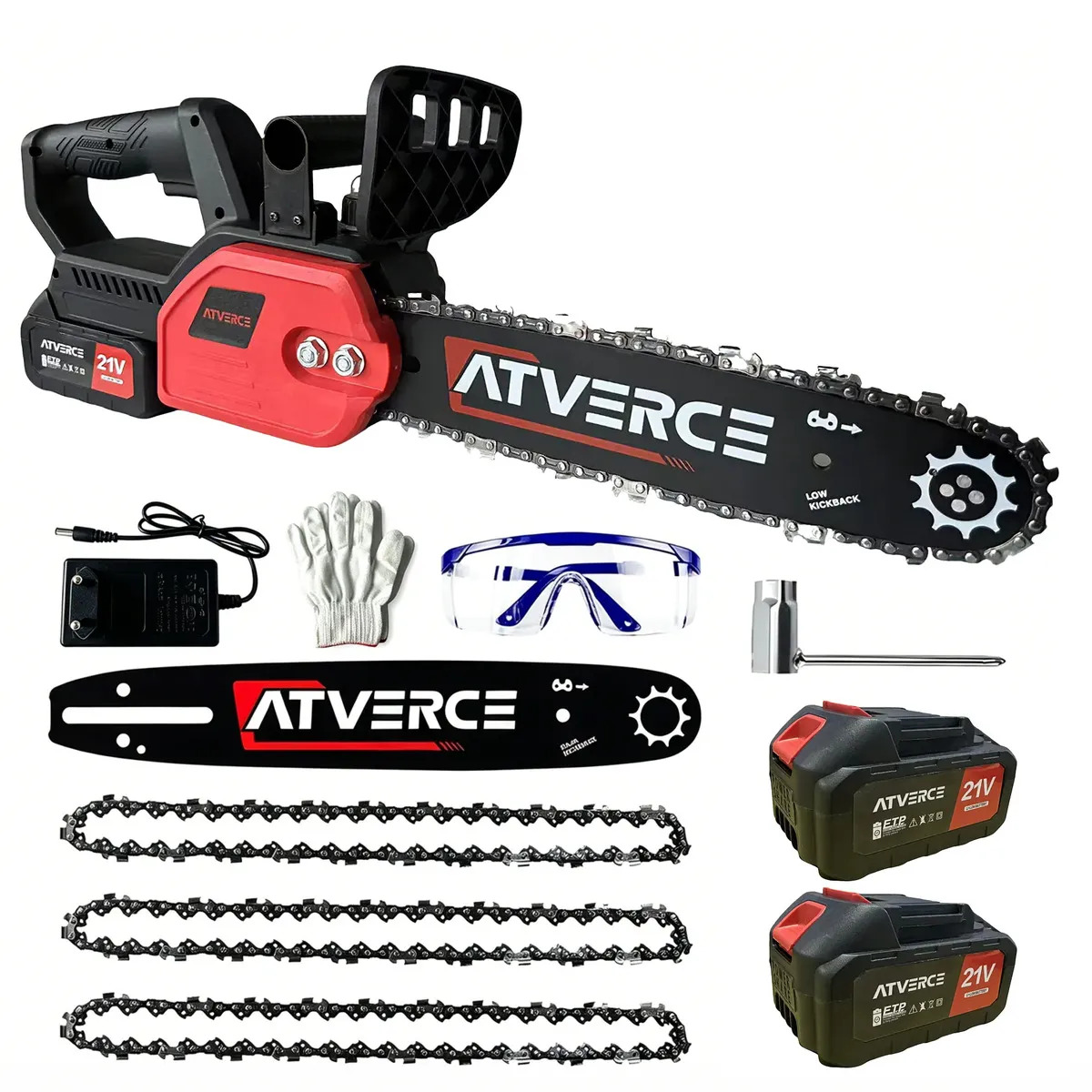 Motosserra Atverce 21V Brushless 12 Polegadas 1050W, Lubrificação Automática, 2 Baterias 3,0Ah, 3 Correntes Liga Temperada, Rotação 3400RPM, Corte até 27cm para Poda de Galhos e Jardim