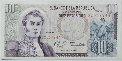 Billete 10 Pesos 07/ago/1980 Serie Az Colombia Xf
