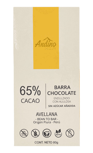 Andino Barra Keto Avellana 65 % Cacao Sin Gluten 80 G