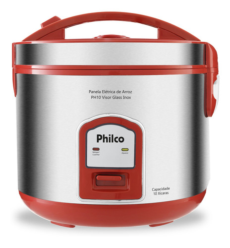 Panela De Arroz  Philco Ph10v 10 chávenas Visor Glass Vermelha Inox 220v