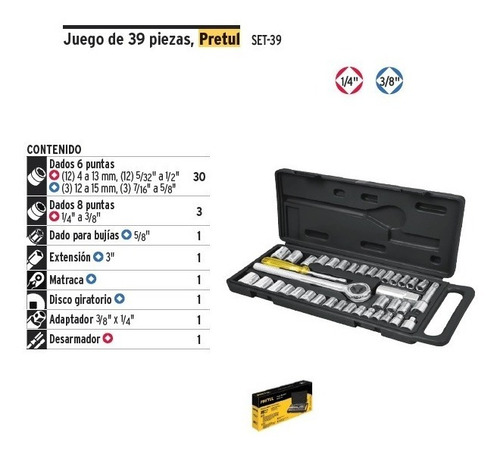 Juego De Dados Con 39 Piezas Para Mecanica Pretul Set-39