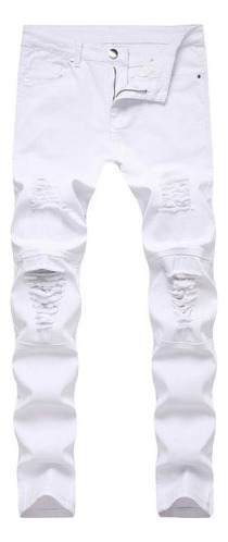 Pantalón Rasgado De Corte Entallado De Mezclilla Para Hombre