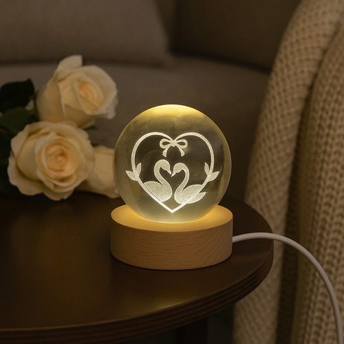 Esfera De Cristal 3d Con Luz Led, Cisnes Enamorados
