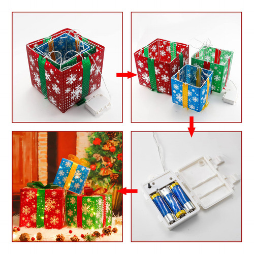 Caja Decorativa Navideña Luminosa De Hierro P, 3 Unidades, S