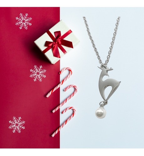 Collar Dije Reno Navidad Regalo Navideño Mujer Acero Plata