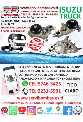 Bombas De Agua Isuzu Npr 4bd1,4bd2 3.9 Turbo Guatemala
