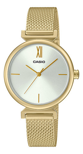 Reloj pulsera Casio LTP-2023VMG-7CDR, analógico, para mujer, fondo plateado, con correa de acero inoxidable color dorado, bisel color dorado y desplegable
