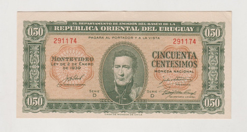 Billete Uruguay 50 Centésimos 1939 Casa Moneda Chile (c85)