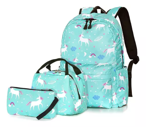 Mochilas para niñas, mochila de unicornio para niñas, juego de mochila  escolar de unicornio con lonchera y estuche para lápices, Unicornio verde