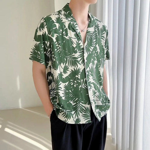 Camisa Guayabera Hawaiana Green Leaf Para Hombre De Manga Co