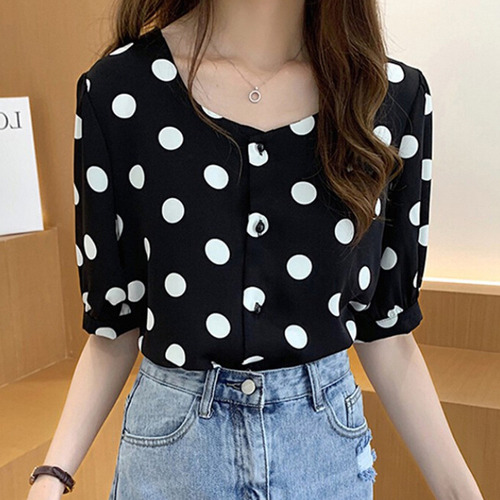 Top Casual De Manga Corta Con Lunares Para Mujer, Informal,