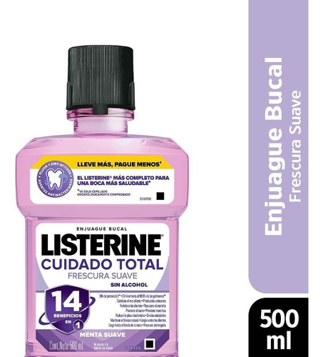 Enjuague bucal Listerine cuidado total frescura suave sin alcohol 500ml