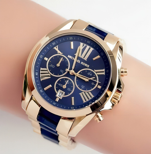 Relógio Michael Kors Mk6268 Bradshaw Dourado E Azul