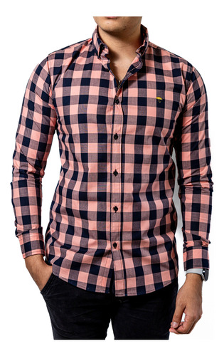 Camisa Hombre Casual Slim Fit Cuadros Coral, Negros Moon & R