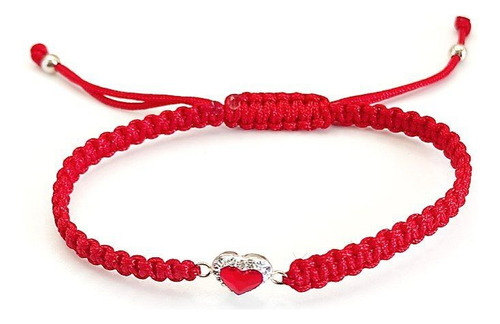 Pulsera  Macrame Y Plata 925 Con Corazon Rojo Y Stras