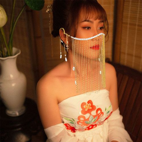 Velo Facial Único Con Cadena Hanfu Con Borlas Para La Oreja,