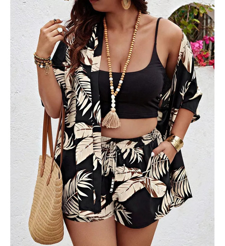 Conjunto De Blusa Y Pantalones Cortos Con Estampado Tropical
