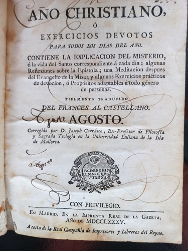 Libro Antiguo 1785 Año Cristiano Ejercicios Devotos Agosto