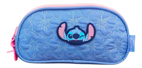 Estojo Escolar Triplo 3 Bolsos Bordado Stitch Disney 