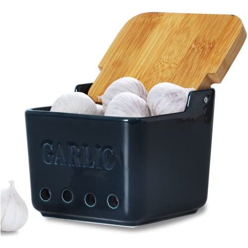 Ontube Garlic Keeper With Lid, Ceramic Garlic Holder St...