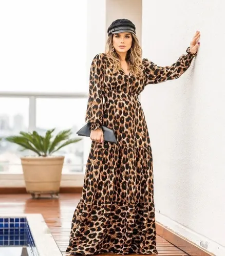 Vestido Manga Longa Inverno Vestido On a Longo Estampado
