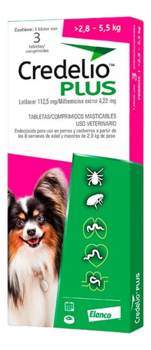 Credelio Plus Para Perros 2.8 A 5.5 Kg 3 Tabletas Masticable Fucsia