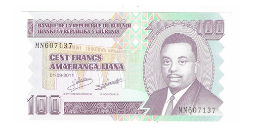 Billete De Burundi, 100 Francos, 2011, Unc.  Jp