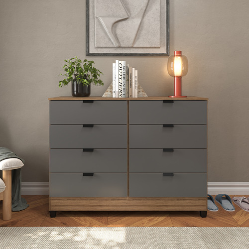 Cômoda Industrial 8 Gavetas P/ Quarto Casal Organizador De Roupas Cor: Cinza Com Madeirado E Design Moderno E Sofisticado Mod. Gk