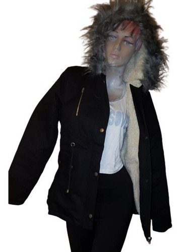 Parka De Dama De Gabardina Con Corderito Y Piel En Capucha