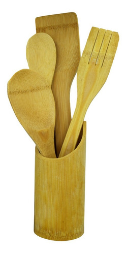 Jogo De Bambu 5 Peças Para Cozinha 4 Utensílios E 1 Suporte