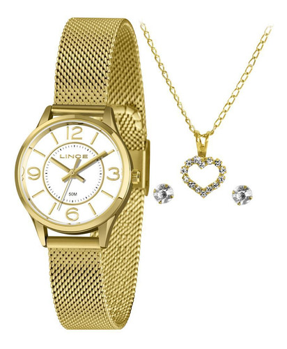 Relógio Lince Feminino Malha De Aço 30mm Dourado + Semijóia