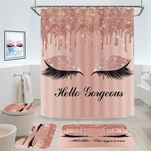 Juego De Cortina De Baño Hola Preciosa, Set De Baño Rosa Con