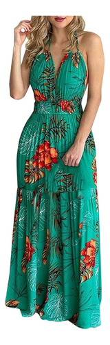 Mujer Tropical Estampado Halter Maxi Vestido Sin Mangas Bea