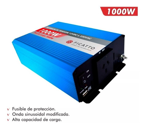 Imagen 2 de 5 de Inversor De Corriente 12v A 220v 1000w Ficatto Auto Barco