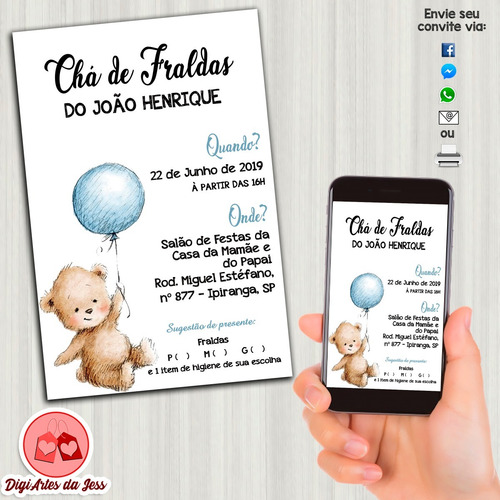Imagem 1 de 2 de Convite Digital - Chá De Bebê/fraldas Urso Ursinho #002