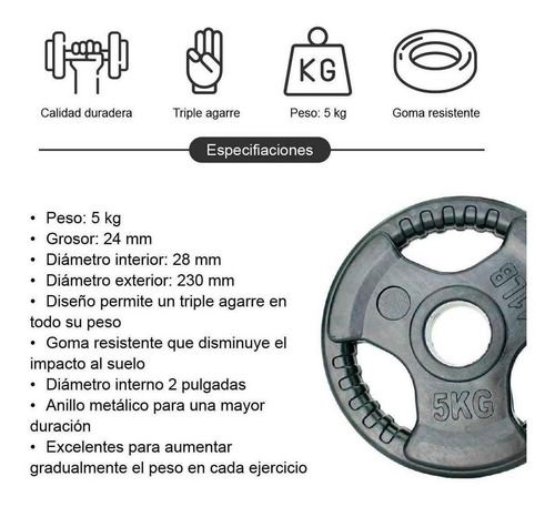 Imagen 7 de 7 de Set De 2 Discos Olímpicos 5 Kg Cada Uno Para Entrenamiento