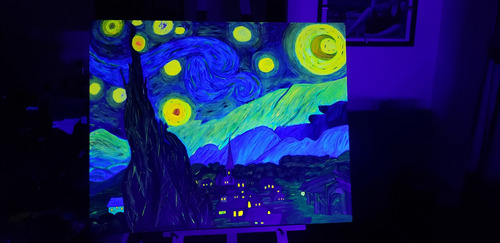 Noche Estrellada, Pintado En Canva 100x80cms, Acrílico Neón 