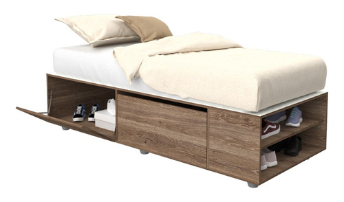 Cama Box Base P/ Sommier De 1 Plaza Con 2 Puertas Y Estantes